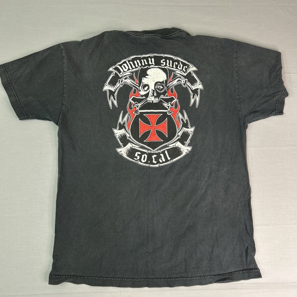 Vintage Y2K Johnny Suede Large Tee Shirt Biker Iron Cross Skull Black Fade